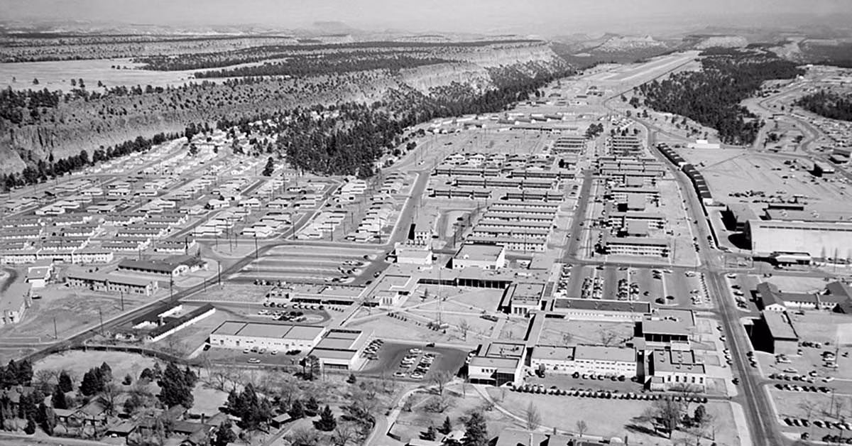 A black and white photo of a town.