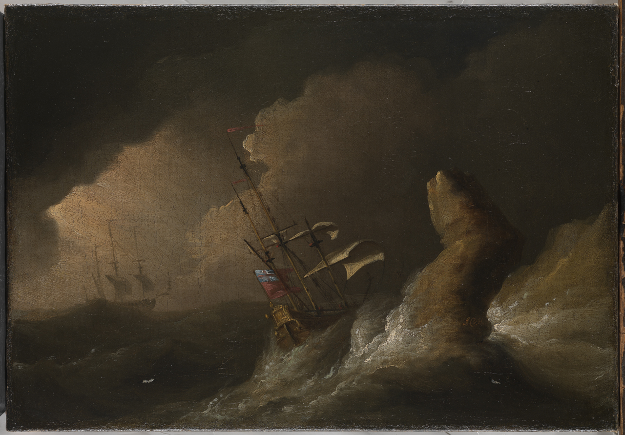 A ship driven onto the rocks in a storm