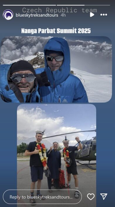 IG story with photos of Czech climbers on a summit and at the airport by a helicopter.