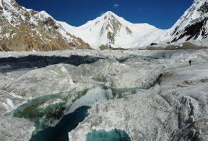 Gasherbrum I in the distance, with the broken glacier in front.