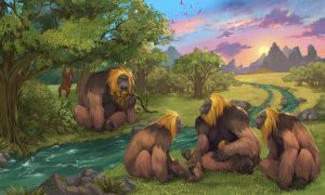 artist's rendering of several apes sitting by a stream