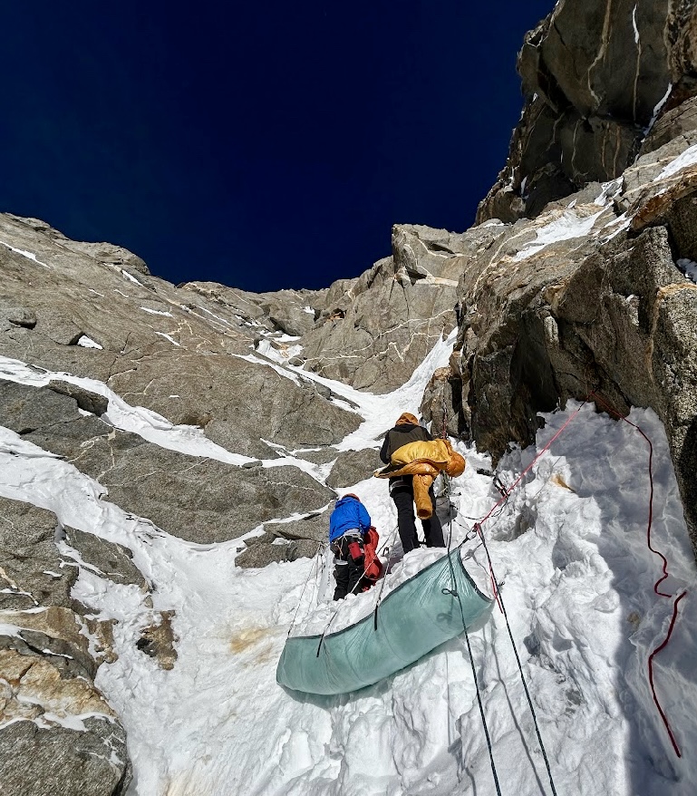 Ethan Berman and Maarten van Haeren in a bivy at 7,000m. 