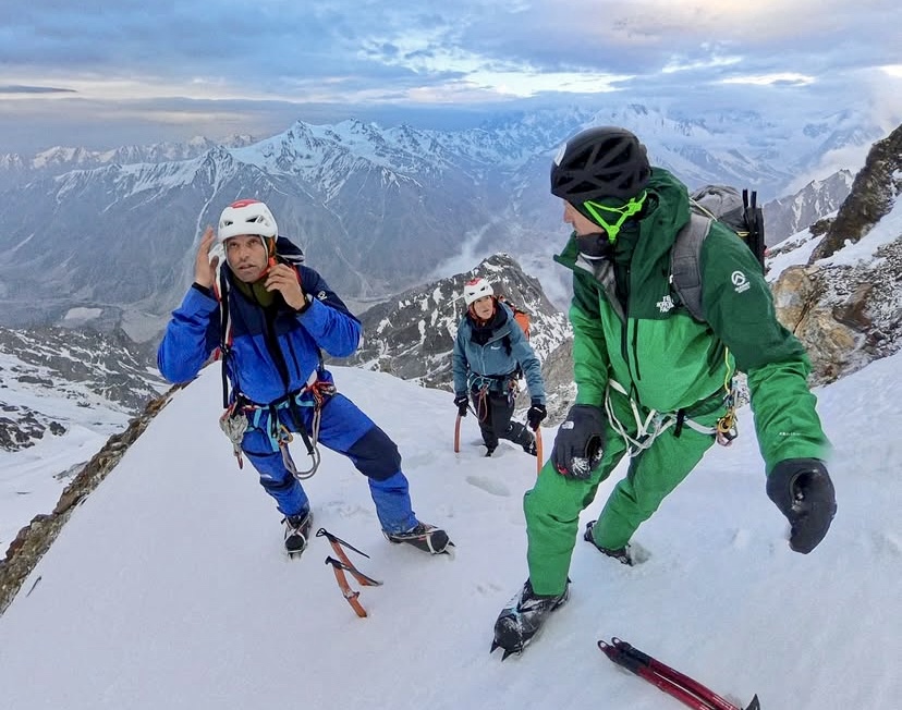 From left to right: Boris Langenstein, Tiphaine Duperier, and David Goettler, while assessing the route's conditions on the Rupal Face.