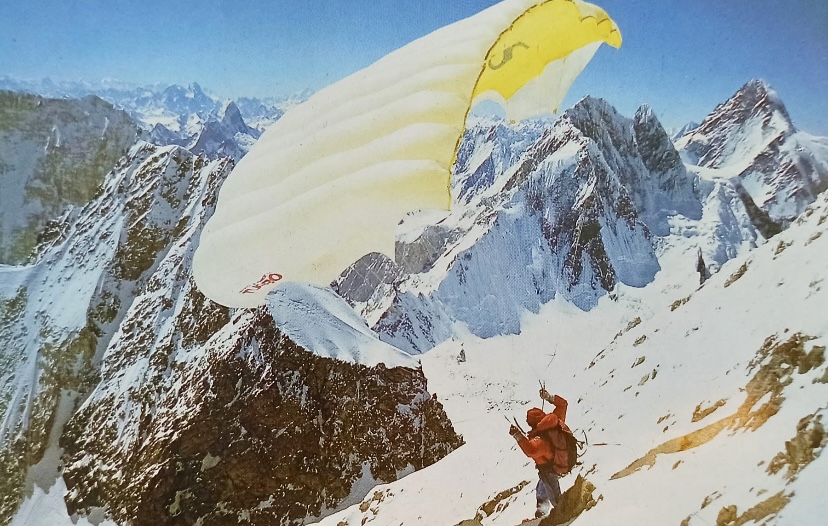 Pierre Gevaux flying from Gasherbrum II in 1985.