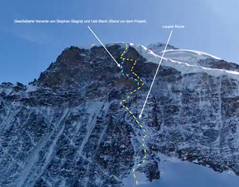 Jungfrau. On the left, the variant described by Siegrist/Steck prior to the project, with the Ypsilon Couloir as a modification of the Siegrist/Weber route.