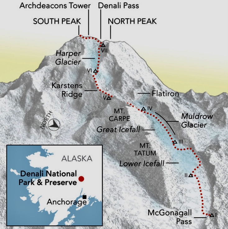 The Muldrow Glacier-Karstens Ridge route on Mount McKinley. 