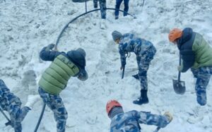 Rescuers digging the snow searching for body.