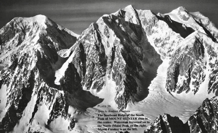 The Southeast Spur if the South Summit in the center. Waterman traversed on to the North Summit on the right. Mount Foraker is on the left. 