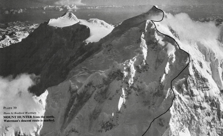 Mount Hunter from the north. Waterman's descent route is marked. 