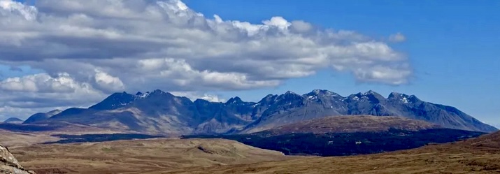 The full length of the Cuillin Ridge as viewed from Glen Talisker which lies to the west.