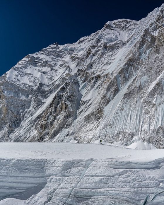 Kilian Jornet photographed from Everest's Camp 2, with the west flank of Everest in the background. 