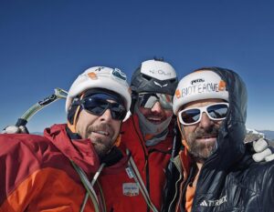 Left to right: Dani Arnold, Simon Gielt, and Alexander Huber on the east summit of JIrishanca.