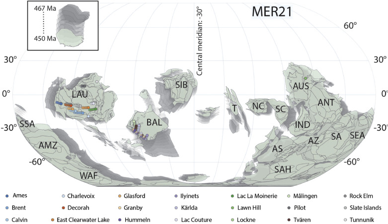 A paleogeographical map of the Orovician period where dots cluster around the equator.