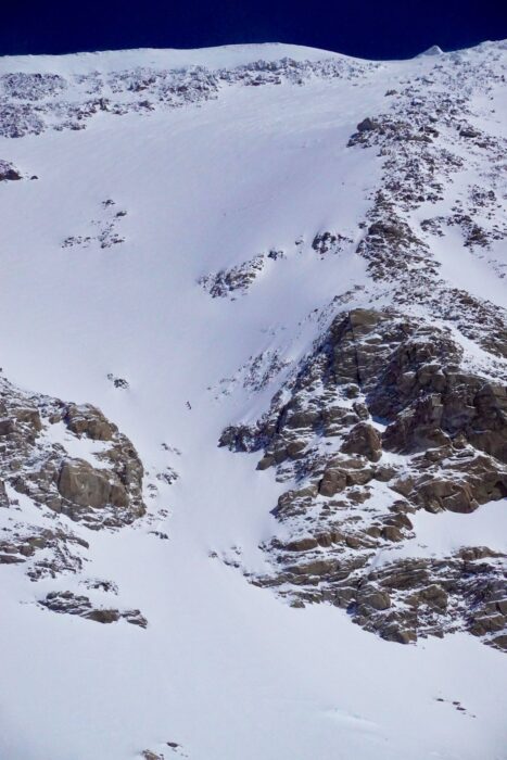 Kilcoyne, Perkins, and Itoi breaking trail up the Messner Couloir. 