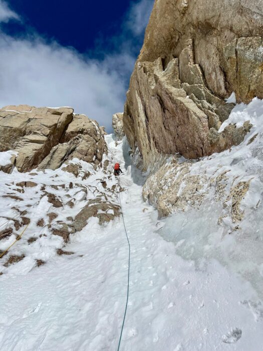 Kilcoyne leading the crux WI4 pitch on the Japanese Couloir on the Cassin. 