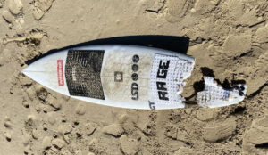 a broken surfboard, chomped in two by a shark
