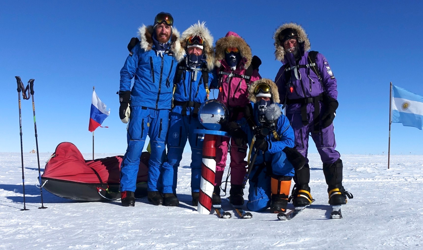 group of skiers at the South Pole