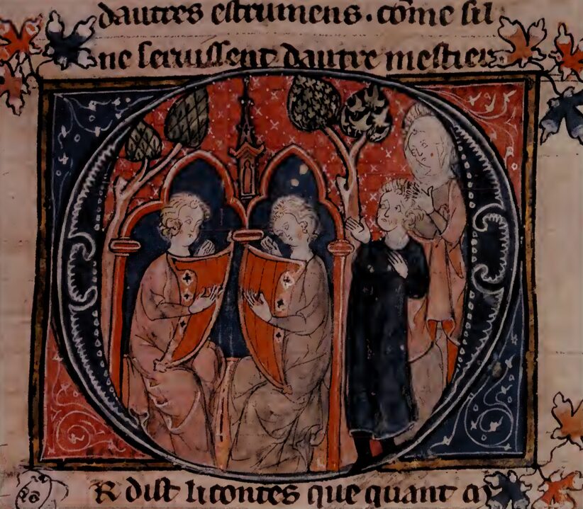 A medieval illustration of two harpists.