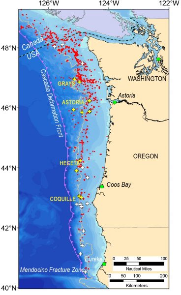 Red dots denote methane seeps that have been located in the area