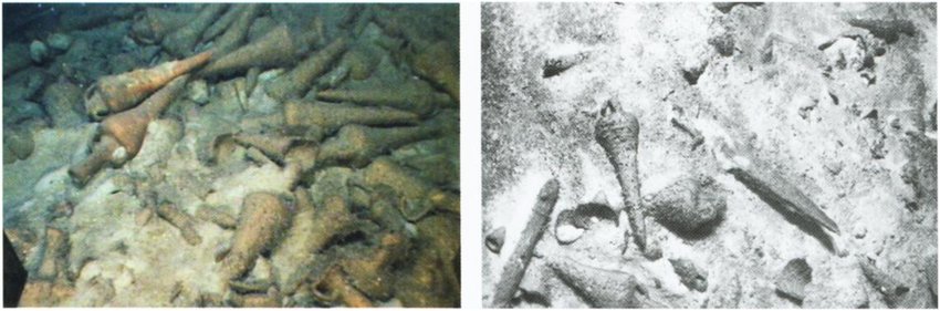 Colour (left) and black-and-white (right) images of a pile of pottery underwater.