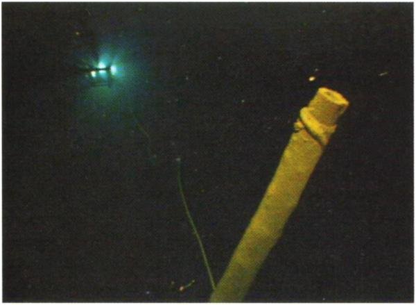 A mast underwater, lit by a ROV