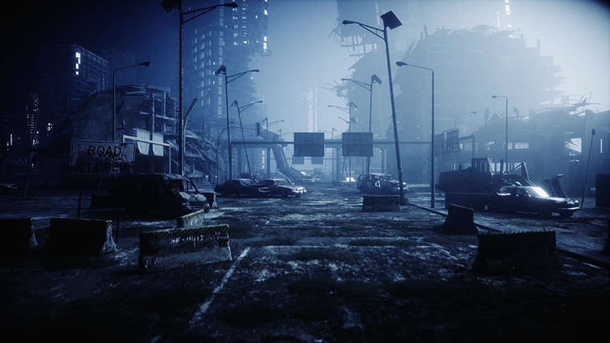 blue tint of apocalyptic city
