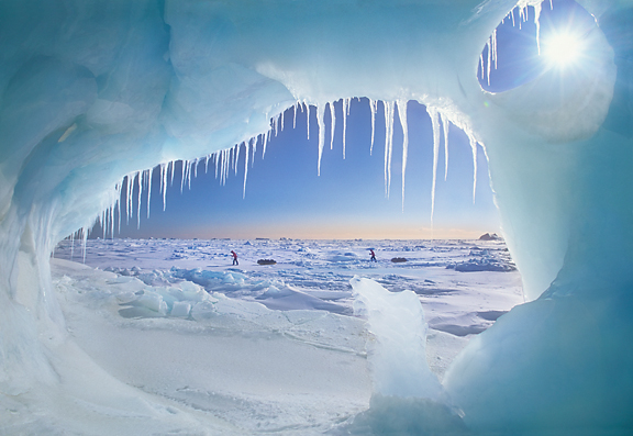 sledding past ice cave.