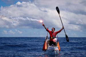 Cyril Derreumaux sets off a flare as he makes it to Hawaii