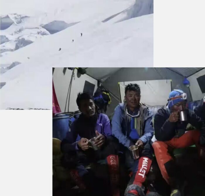 Two pictures compiled, one of three figures in a huge snow field, and a closer shot of the Sherpa climbers in a tent.