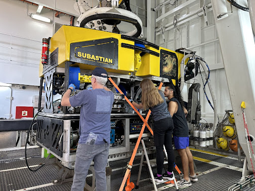 a group of people clustered around a submersible vehicle 