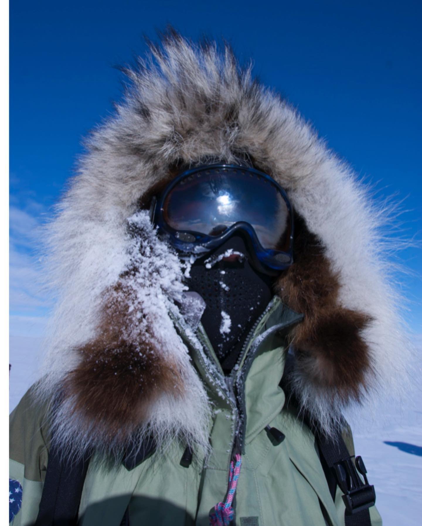 Alison Levine with wolf/wolverine ruff skiing Ronne Ice Shelf to South Pole, December 2007