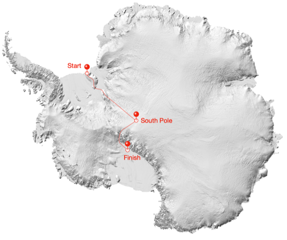 A map of Antarctica showing a route through the South Pole.