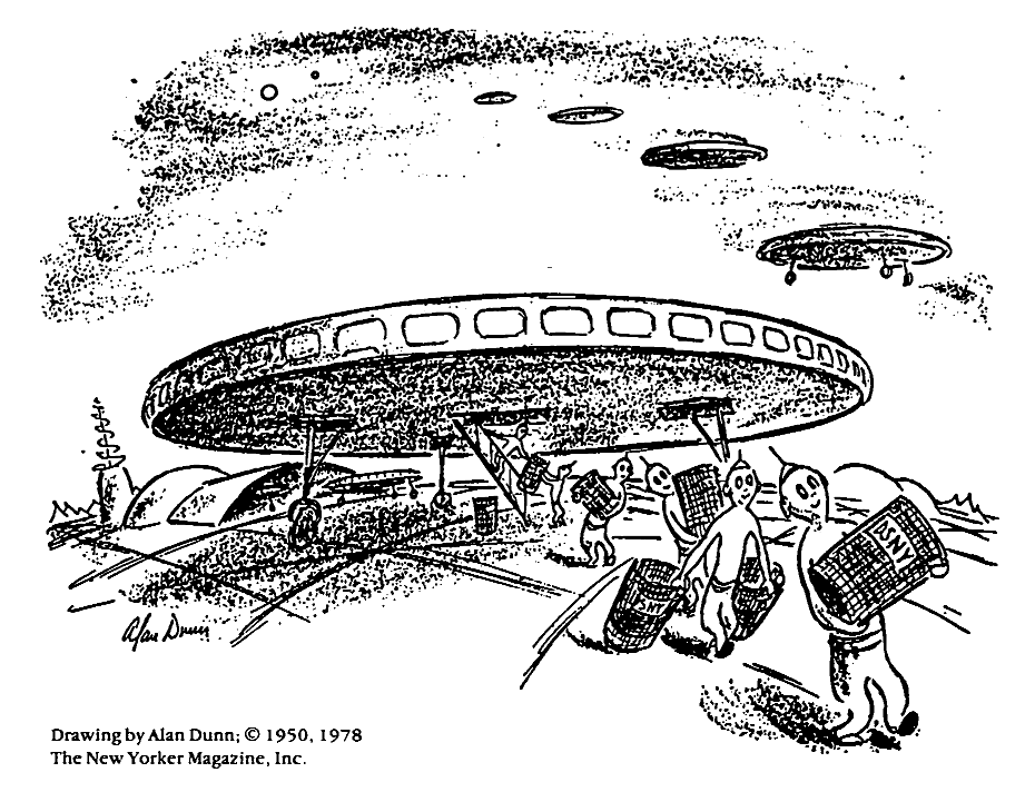 A cartoon of aliens carrying off trashcans.