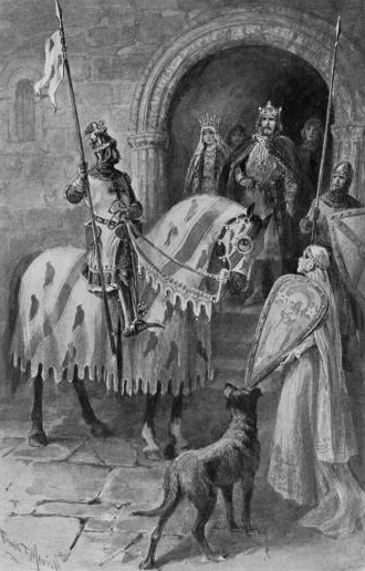 A pencil illustration of a knight on a horse.