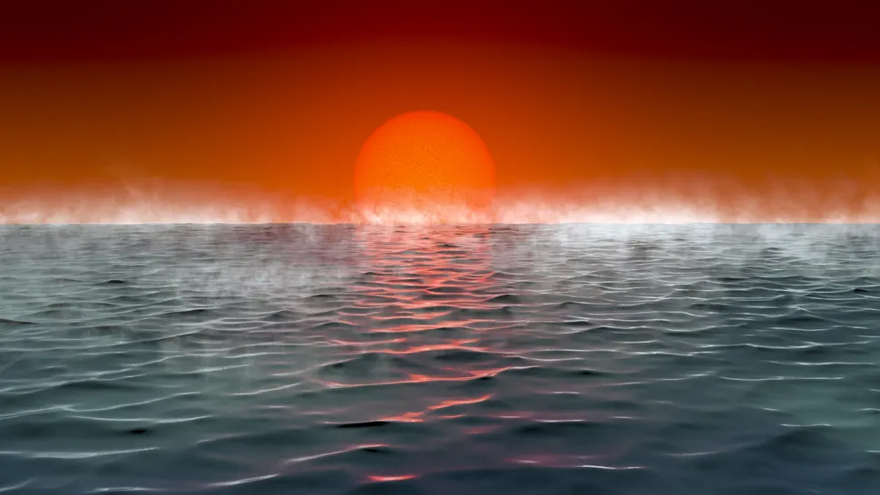 An illustration of an ocean with a red sun.
