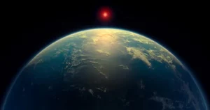 A red star over an ocean world.
